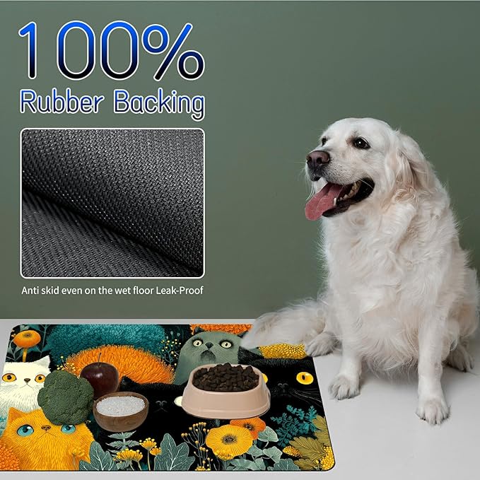 Dog Food Mat, 15.7" x 23.6" Absorbent Pet Feeding Mat for Food and Water, Waterproof Diatom Mud Pet Placemat with Non-Slip Rubber Backing, Easy Clean Cat Bowl Mat for Floors - Black Yellow Cat