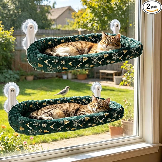 L&W BROS. 2-Pack Foldable Cat Window Perches with Christmas Cushion Bed Easy to Assemble Cats Hammock for Window, Warm Indoor Cat Beds for Large Cats, Edition(L Green)