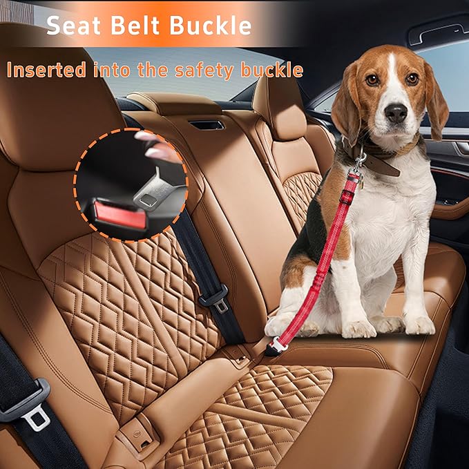Seyezo 3-Piece Reflective Dog Seatbelt Set - Retractable, Heavy-Duty, Adjustable for Vehicle Headrests - Red