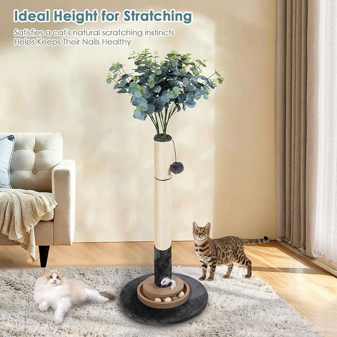 35 Inch Cat Scratching Post, Eucalyptus Sisal Rope Cat Tree Tower with Hanging Ball & Interactive Mouse Toy, Durable Scratcher for Indoor Adult Cats