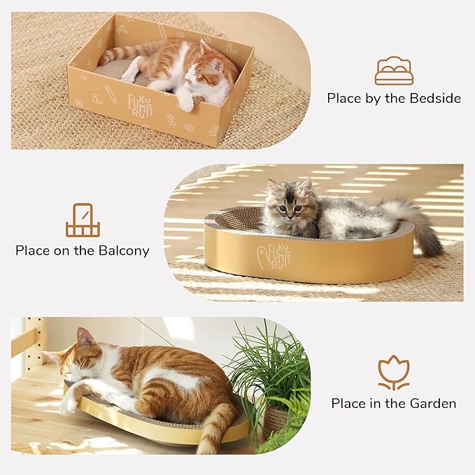 FUKUMARU 3PCS Cardboard Cat Scratcher, Durable Oval Cat Scratch Pad Bed Bowl for Indoor Cats, Round Cats Scratching Board with Kitten Scratcher Box, Couch Sofa Furniture Protector
