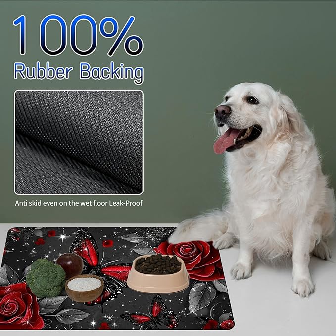 Dog Food Mat, 19.6" x 23.6" Absorbent Pet Feeding Mat for Food and Water, Waterproof Diatom Mud Pet Placemat with Non-Slip Rubber Backing, Cat Bowl Mat for Floors - Red Rose Butterfly