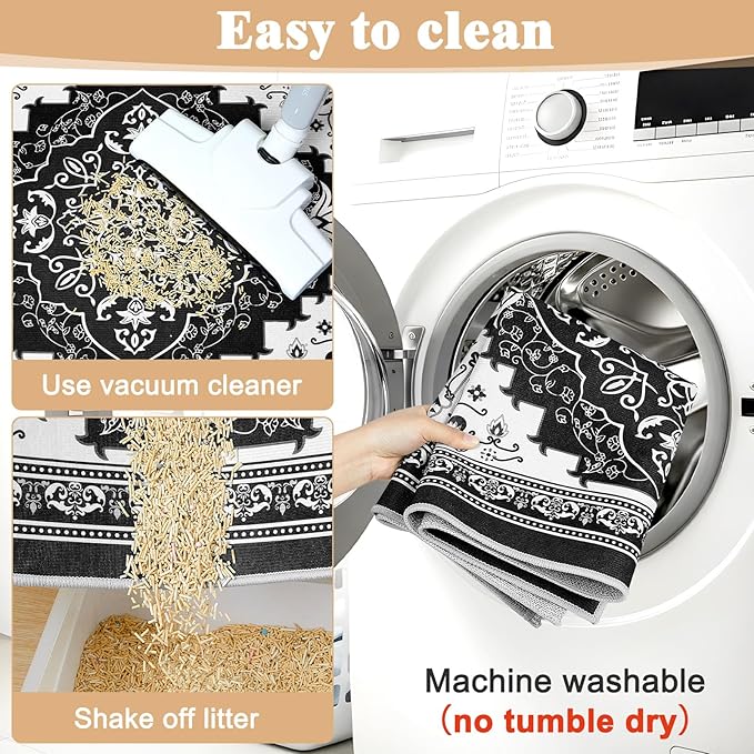 Bienbee Cat Litter Mat, 2PCS 33"x22" Machine Washable Litters Box Mats Non-Slip &Waterproof Cat Litters Trapping Mats Easy to Clean Mat for Litter Box Less Waste Protects Floors Black L