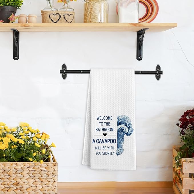 Funny Cavapoo Dog Hand Towels, Welcome to The Bathroom Hand Towels, A Cavapoo Will Be with You Shortly Dish Tea Towel for Kitchen Bathroom Decor, Dog Themed Gift for Women Men, 16x24 Inch