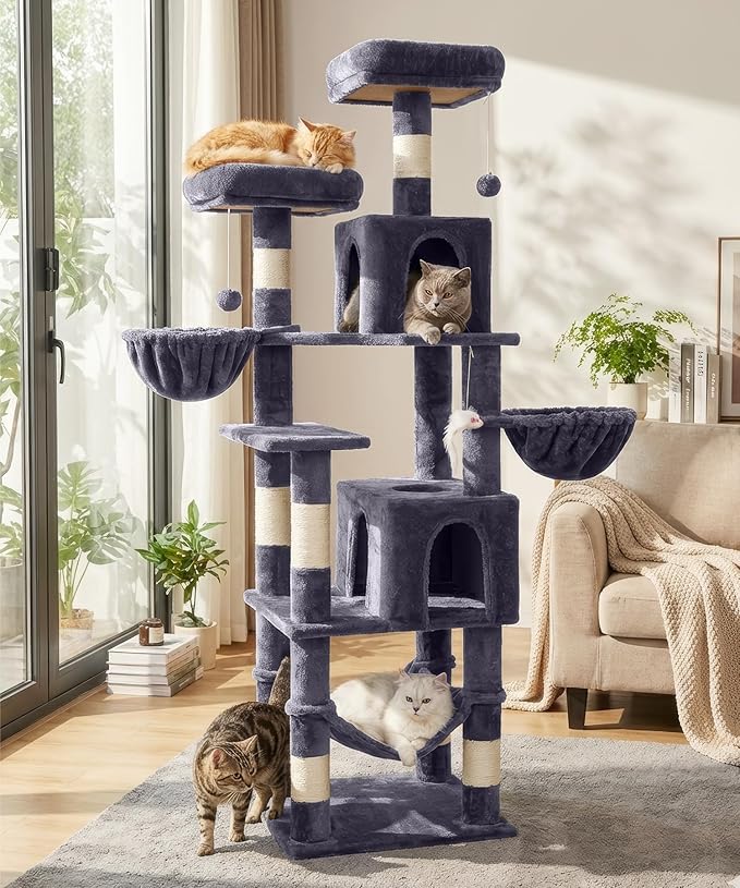 AMHANCIBLE 70 Inch Cat Tree for Large Cats, Multi-Level Cat Tower Condo with 2 Houses & Hammock for Indoor Cats, Tall Heavy Duty Kitty Playhouse, Dark Grey, PT18DG