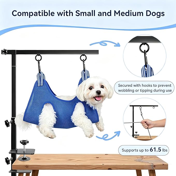 Dog Grooming Arm with Pet Grooming Hammock, 27”-42” Adjustable Grooming Stand with No Sit Haunch Holders and Loop Noose, Grooming Restraint for Small and Medium at Home or Salon