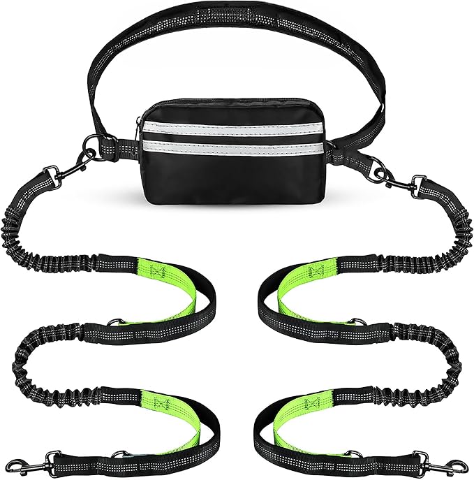Hands-Free Dog Leash for 2 Dogs - Dual Tangle-Free Running Leash with Shock Absorbing Bungee, Padded Handles, & Waist Belt Pouch - Freedom No Pull Dog Harness Compatible