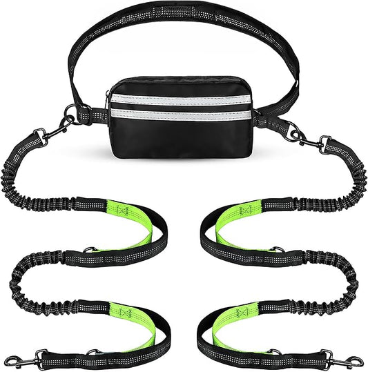 Hands-Free Dog Leash for 2 Dogs - Dual Tangle-Free Running Leash with Shock Absorbing Bungee, Padded Handles, & Waist Belt Pouch - Freedom No Pull Dog Harness Compatible