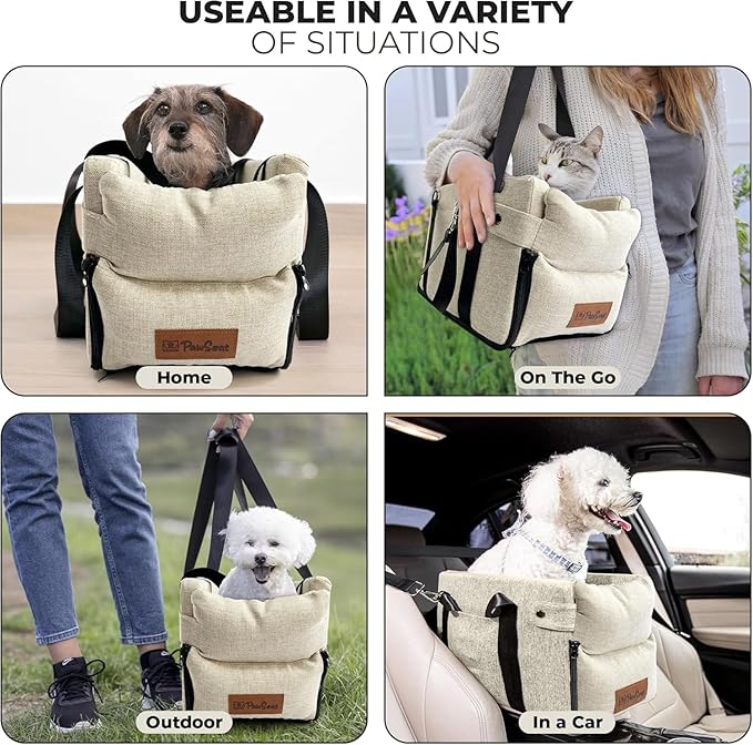 Center Console Dog Car Seat for Small Dogs and Puppies 5-13Lbs, Ideal Armrest Booster Car Travel Seat with Safety Protection Seat Belts, Storage Pockets - Reduces Anxiety (Woven - Beige)