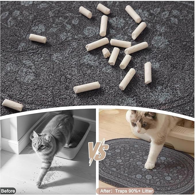 Bienbee Cat Litter Mat, 33" x 22" Large Size Litter Box Mat Rug with Non-Slip Bottom,Urine and Water Proof, Easy to Clean Cat Supplies Essentials for Indoor Kitty Kitten Floor, Gray Flowers L