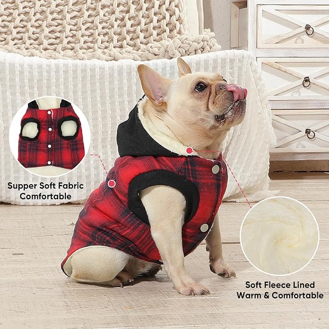 Vecomfy Fleece Lining Dog Hoodie for Small Dogs Extra Warm Plaid Sweater with Drawstring Hooded Coats in Winter Puppy Jacket,Red S
