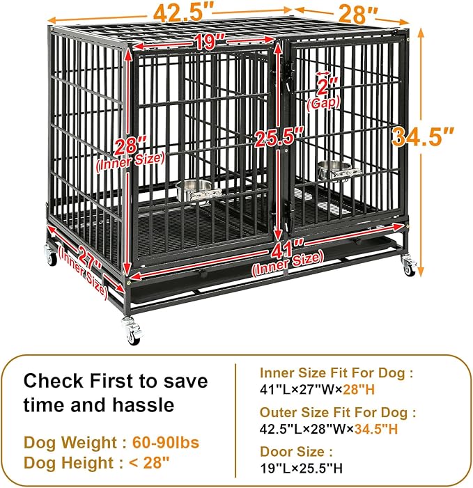Homey Pet Stackable 43 inch Dog Crate Cage Kennel Indoor with Divider, 2X Steel Bowls, 4X Lockable Wheels, Tray, Heavy Duty Wire Dog Crates for Large/Medium/Small Dogs (Tall Model)