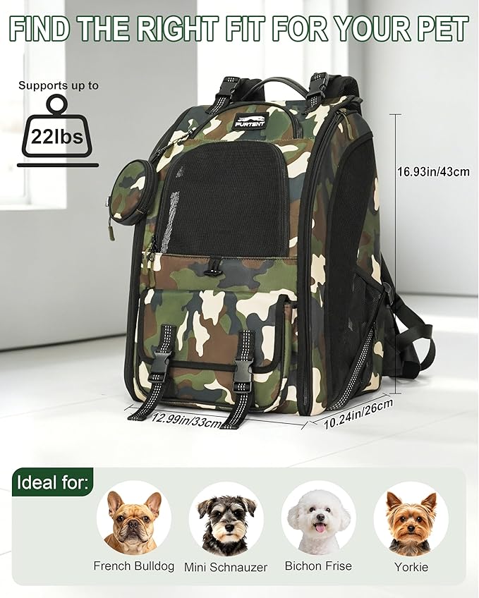 Dog Backpack Carrier with Ergonomic Support, Padded Straps and Ventilation, Hiking Pet Backpack with Safety Tethers, Reflective Trim and Waist Support, Up to 22lbs