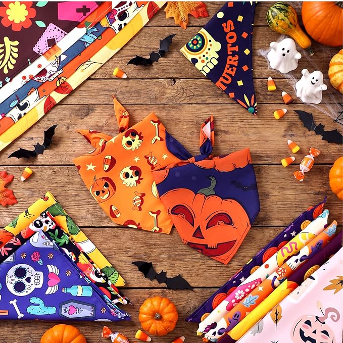 Huhumy 150 Pcs Halloween Dog Bandanas Bulk Pet Bibs Colorful Triangle Scarf Pet Bandanas for Medium Large Dogs Halloween Party Costume Decor