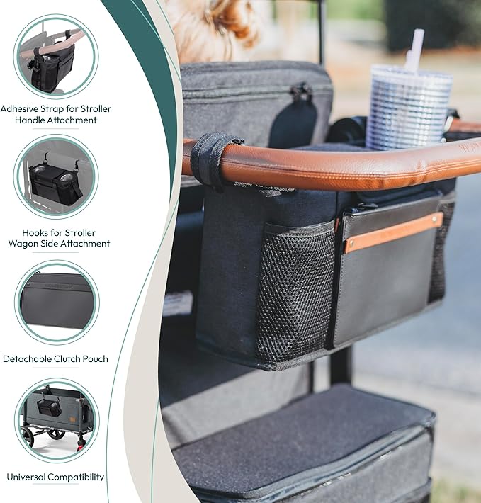WONDERFOLD Universal Parent Console Stroller Organizer with Insulated Cup Holders, Hook & Loop Closure Handle Attachment, 2 Storage Pockets, Removable Shoulder Strap for Easy Transport