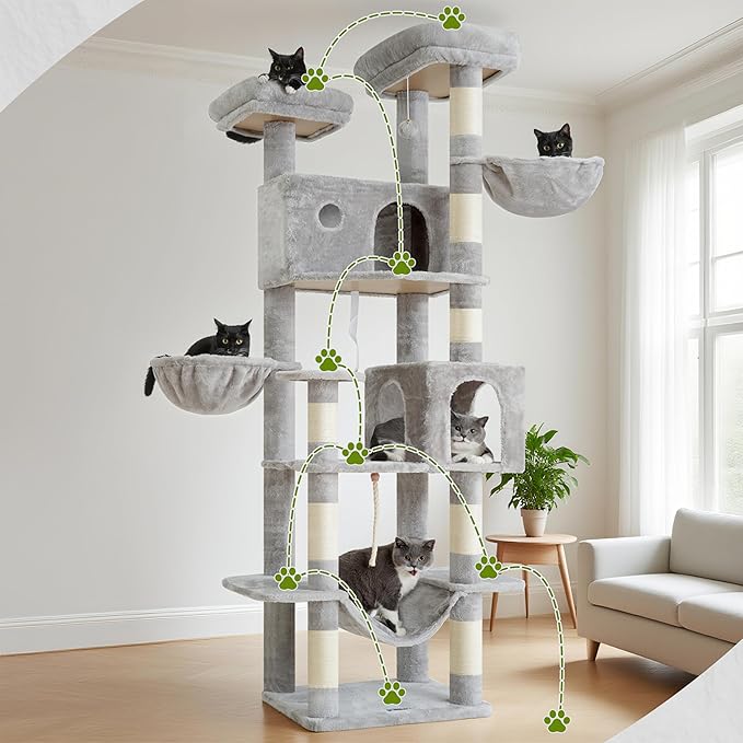 Gitelsnour Tall Cat Tree, Large Cat Tower for Adult Cats, 80.7'' (205cm) Heavy-Duty Cat Tree House for Indoor Cats 20 lbs+ with Scratching Posts, 2 Top Perches/Condos, Hammcok, Light Gray GCT034W