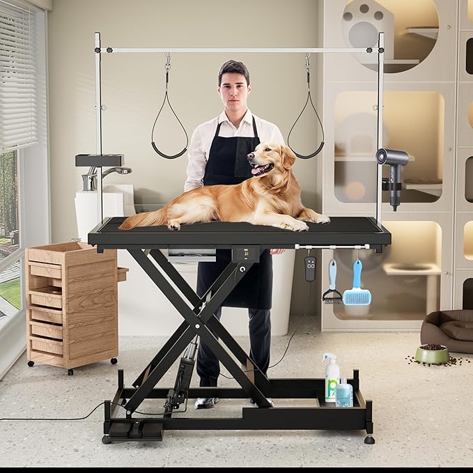 SoarFlash 49.6” Electric Lift Pet Dog Grooming Table,Heavy Duty Electric Grooming Table for Dogs&Cats,Heavy Duty Height Adjustable with Overhead Arm, Clamps, Two Grooming Noose