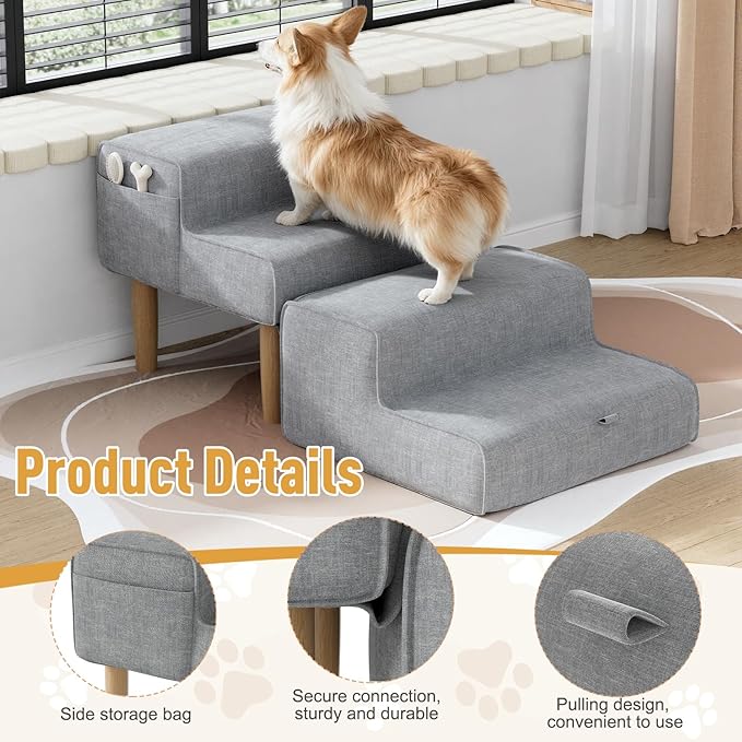PakaLife Foldable 2-in-1 Dog Ramp Ottoman, Solid Wood Dog Steps for Bed & Couch, Washable Cover, 135lb Capacity, for Small, Senior Dogs & Old Cats to Get on Bed