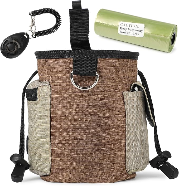 ondware Large Dog Treat Pouch with Adjustable Waist Belt, Waterproof Oxford Training Bag with Drawstring, Clicker & Poop Bags, 3.6 Cup Capacity, Multi-Use Snack Storage for Walking Hiking