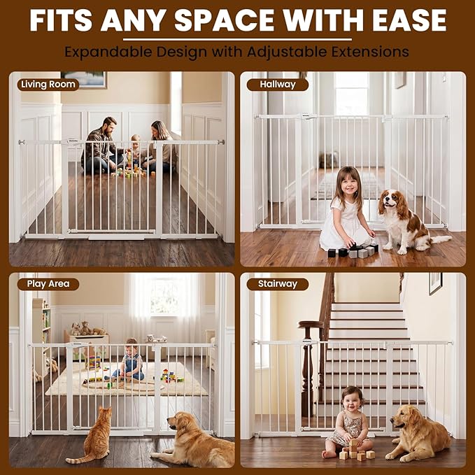 Mumeasy Extra Wide Large Baby Gate for Doorways, 36-66" Walk Through Wide Long Dog Gate for Door & Stair, Auto Close Dual Swing Pressure Mounted Child Safety Gate for Toddlers, Puppies & Pets, White