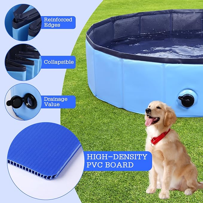 Eooqi Foldable Dog Pool, Portable Pet Bath Tub and Kiddie Swimming Pool, Collapsible Bathtub for Puppies, Small, Medium and Large Dogs, Cats and Kids, 87 x 12 in, Blue