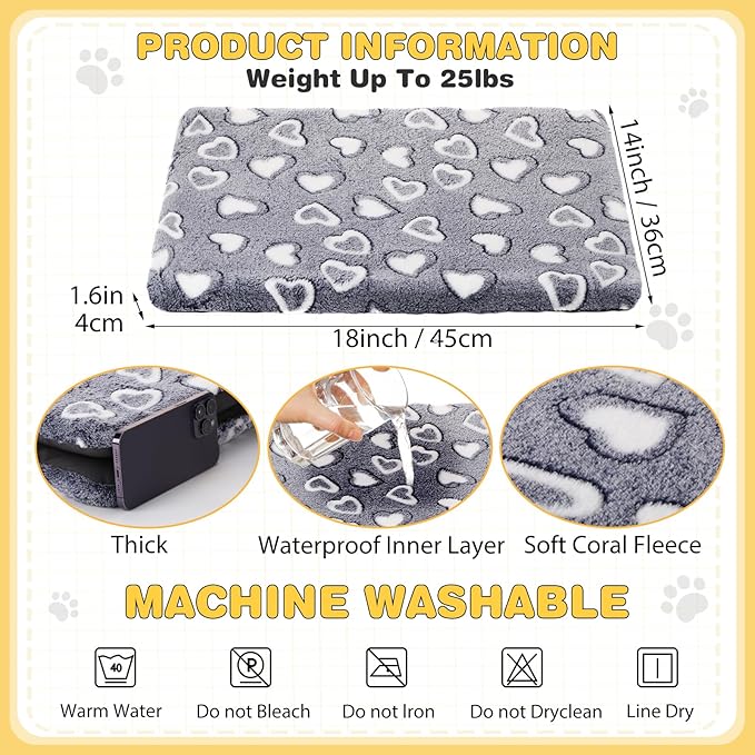 VitalCozy 3 Pcs Waterproof Reversible Dog Crate Pad Warm and Cool Dog Cats Bed Mat for Crates Sleeping Mat Cozy Heart Pattern Pet Bed for Puppy Cat Puppy Kitten Cushion Carrier, Grey(18"x14"x1.6")