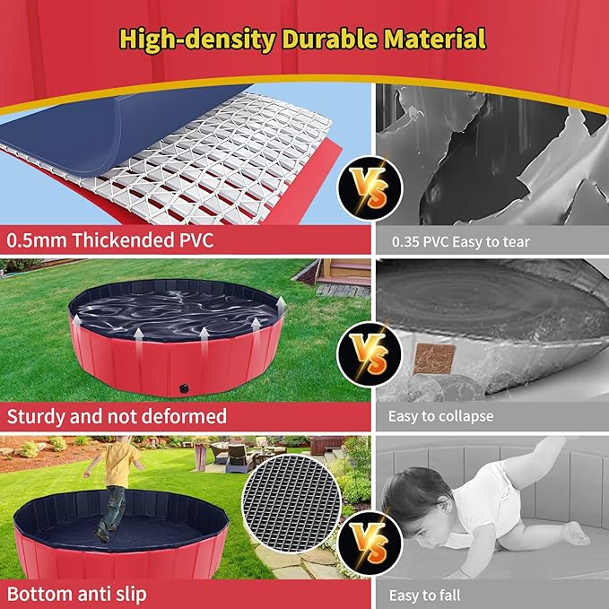 CACSPS Foldable Dog Pool, 71" x 14" Large Kiddie Pool with Hard Plastic, Non-Slip Dog Bath Tub for Outdoor Backyard, Collapsible Dog Swimming Pool for Kids Dogs Pets (Red)