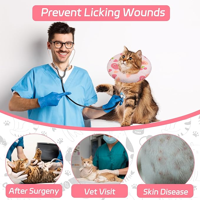 Seyezo Cat Cone Soft Collar, Adjustable Cat Recovery Collar for Small Medium Large Cats, Cute Donut E Collar After Surgery, Anti-Lick Recovery Elizabethan Collar for Kittens (Pink Heart, Small)