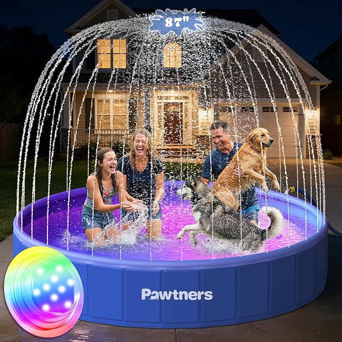 Pawtners 87" Foldable Dog Pool with Sprinkler & RGB LED Light, Collapsible Hard Plastic Swimming Pool for Small Large Dogs Cats and Kids, Portable Pet Bathing Tub Wading Pool for Backyard Camping Blue
