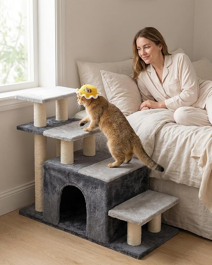 Aechonow 4-Tier Cat Stairs for High Bed with 22'' Cat Scratching Post, Pet Steps for Doggies Rabbit Ferret, Adjustable Cat Cave, Grey, Extra Large