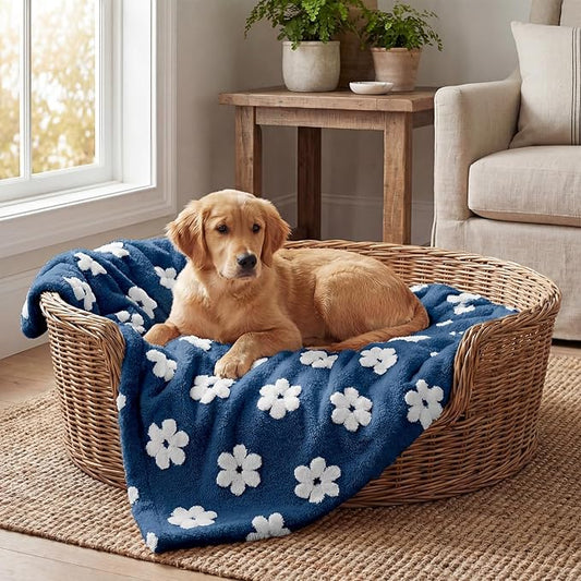 Horaldaily Pets Flannel Blanket, Navy Blue Flowers 3D Textured Soft Fuzzy Fluffy Plush Cozy Fleece Premium Blankets for Dog Cat Puppy Kitten Couch Protection, 30x40
