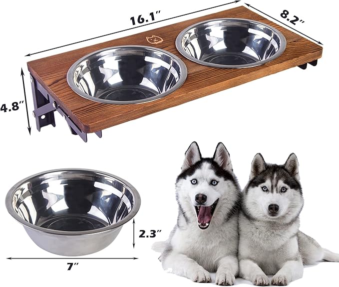 Folding Dog Bowl Stand Mounted Elevated Pet Feeder Includes 2 Stainless Steel, Adjustable Dog Bowls for Medium-Large Dogs 44 Oz