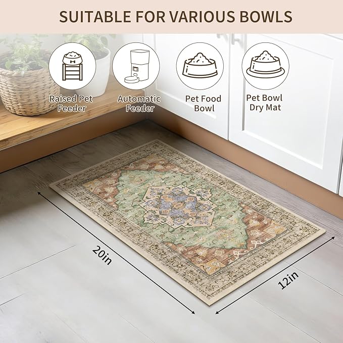Boho Dog Feeding Mat, Absorbent Cat Matt for Food, Non Slip Pet Water Bowl Placemat Small for Floor, Olive Green & Rust & Bright Blue Indoor Dog Eating Dish Mat 12"x20"