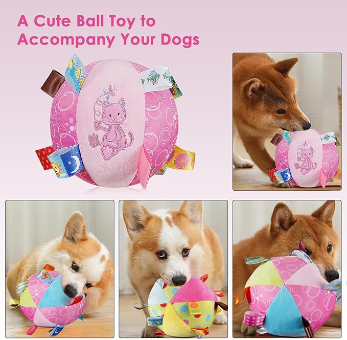 Letalong Dog Squeaky Plush Toy with Straps, 6-Inch Soft Stuffed Ball with Cotton Material and Bell Built-in, Pet Interactive Fetch Toy for Small to Large Dog