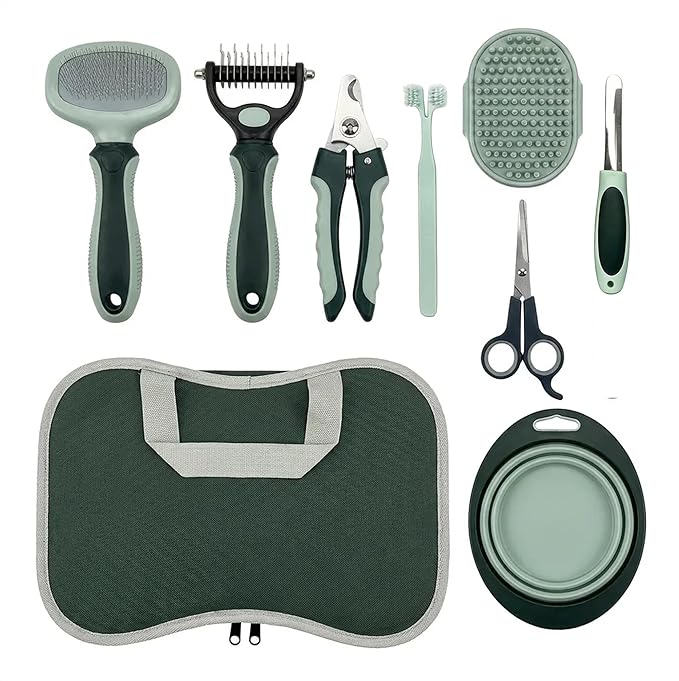 Thalirem Dog Grooming Kit, 8 in 1 Pet Grooming Kit with Collapsible Travel Bowl, Portable Grooming Tools with Storage Bag for Dogs Cats Home Outdoor