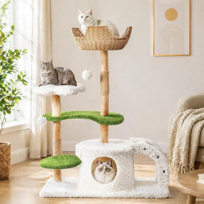 Easyego Modern Cat Tree, 45.6" Aesthetic Wood Cat Tree Tower for Large Cats, Luxury Cat Condo with Scratching Posts and Flower Platforms, Cat Furniture, White&Green