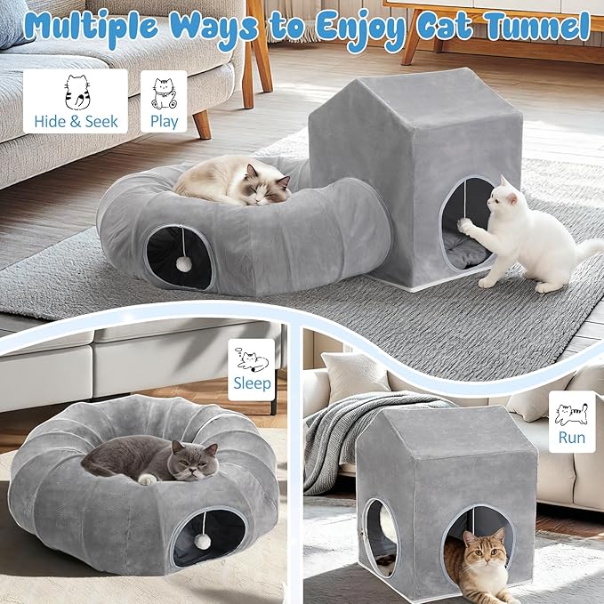 Pawaboo Cat Tunnel Bed for Indoor Cats, Cute Cat Donut Tunnel with Square House, Peekaboo Pet Cave Play Tunnels with Cave for Kitten/Rabbit, Dark Gray