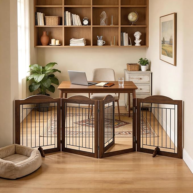 Vantas Folding No-Assembly Dog Door Pet Gate 96" Wide, 30" Tall Wooden Dog Gate with Door Walk Through, Freestanding Wire Pet Gate, Pet Puppy Safety Fence, with 2PCS Support – Brown