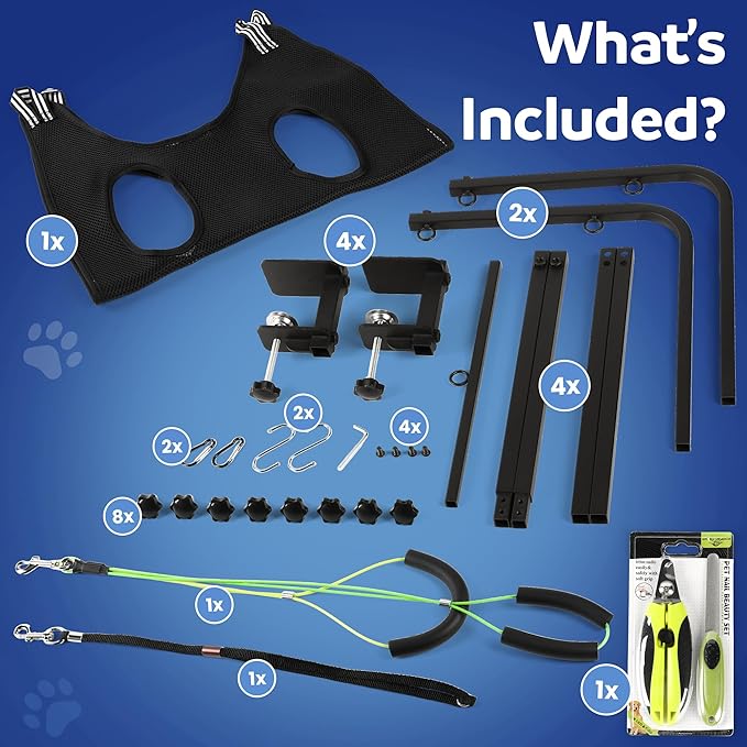 Premium Dog Grooming Arm with Clamp & Dog Grooming Hammock - Heavy Duty Grooming Table for Dogs at Home - Nail Clippers for Dogs - Complete Pet Grooming Kit & Dog Harness for Nail Trimming