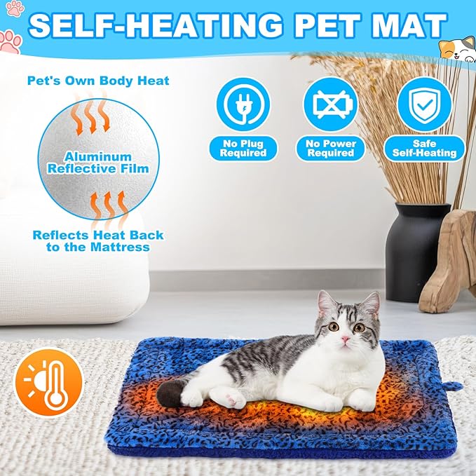Riakrum 4 Pack Self Warming Cat Bed Mats Leopard Print Cat Dog Thermal Blanket Double Sided Self Heating Pet Pad with Storage Bags for Pet Winter Outdoor Indoor Supplies, Non Electric(L)