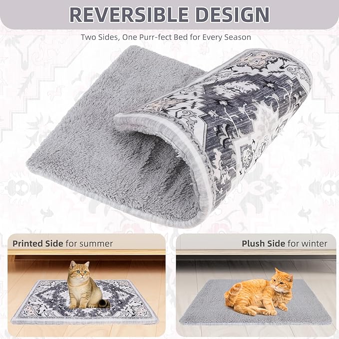 PUPTECK Reversible Cat Dog Bed Indoor Outdoor for Small Pets, Soft Warm Cat Bed Mat Washable Crate Pad Plush Blanket Cushion for Kennel Cage, Grey, 22"x13"