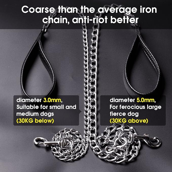 Premium Chain Heavy Duty Dog Leash - Soft Padded Leather Handle Lead - Perfect Basic Leashes Specifically Designed for Over 30KG Large Size Pets Walking (4 ft. x 5.0 mm (60-200 lbs.))