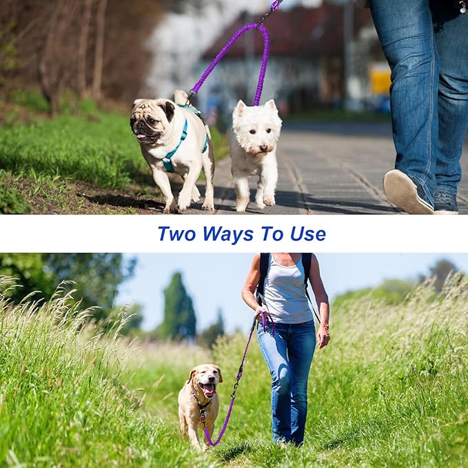MingXpets Double Dog Leash, Dual Dog Leash, 360° Swivel Tangle Free Bungee Walking Training for Large Medium Dogs, Shock Absorbing Bungee Reflective for Two Dogs, 18~120 lbs, Purple