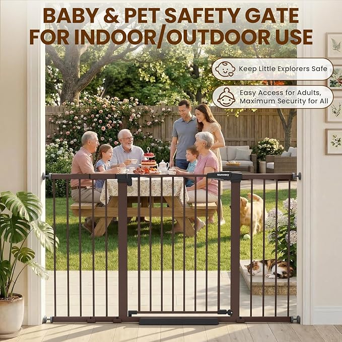 Mumeasy 29.7-57" Extra Wide Baby Gate, Auto Close Large Dog Gate for Doorways, No Drilling Pressure Mounted Pet Safety Gate for Stairs, Easy Walk Through Child Gate for Hallways, House, Indoor, Brown