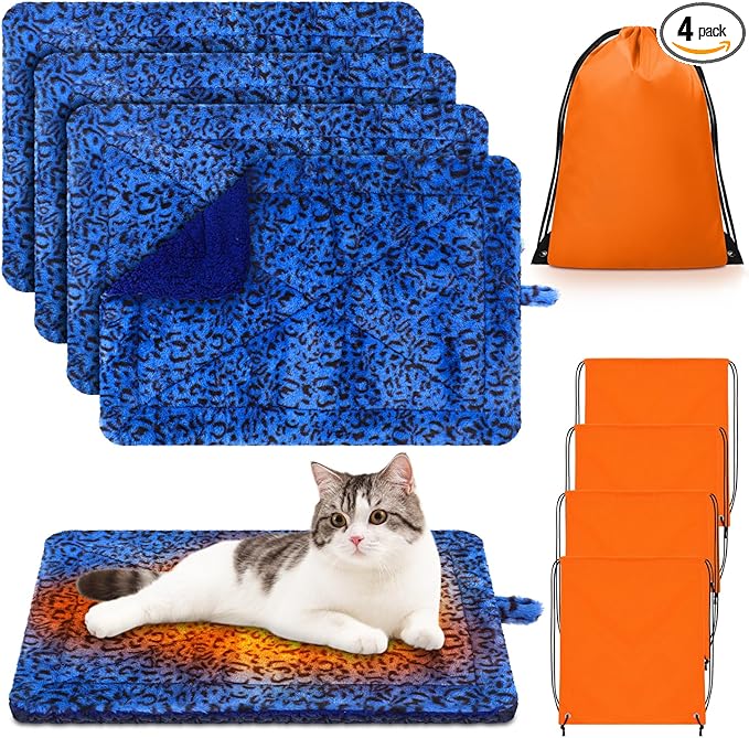 Riakrum 4 Pack Self Warming Cat Bed Mats Leopard Print Cat Dog Thermal Blanket Double Sided Self Heating Pet Pad with Storage Bags for Pet Winter Outdoor Indoor Supplies, Non Electric(M)