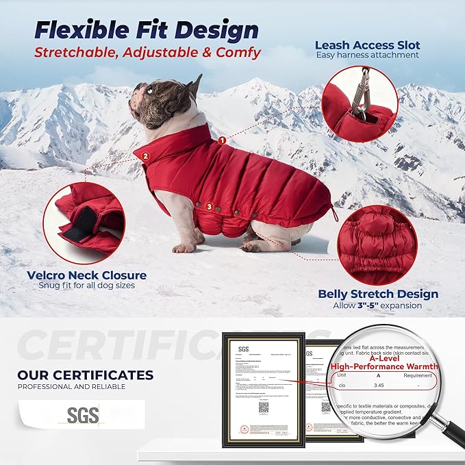 SPACE LION Dog Puffer Jacket, Down Winter Coat, Durable Outdoor Coat for Cold and Windy Conditions, Lightweight & Adjustable Fit Coats for Small Dogs, (Red, Size8/XS)