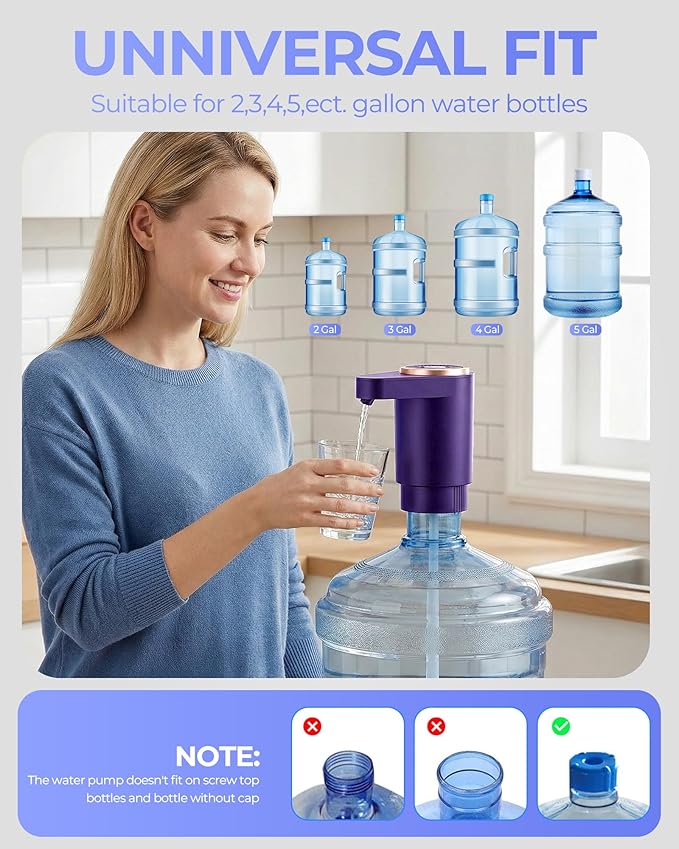 Water Jug Pump for 5 Gallon Bottle – Portable Electric USB-C Charging Dispenser, Dual Powerful Motors, Fast Flow, Fits 2-5 Gallon Jugs – Ideal for Home, Office, Camping, RV, Dark Purple