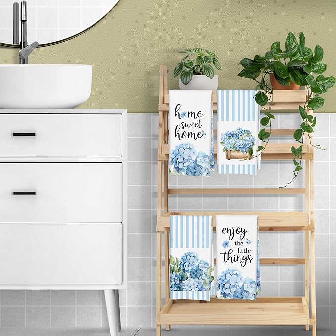 Blue Stripe Hydrangea Kitchen Towels Set of 4 - Home Sweet Home Blue and White Hydrangea Gifts Decorative Hand Towels for Bathroom, 16x24