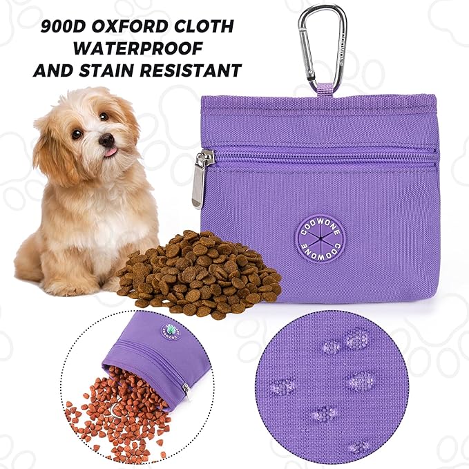 Dog Treat Pouch with Pet Training Clicker, Detachable Dog Puppy Training Treat Bag, 900D Oxford Cloth Magnetic Closure Small Dog Walking Bag for Travel or Outdoor Use (Purple)