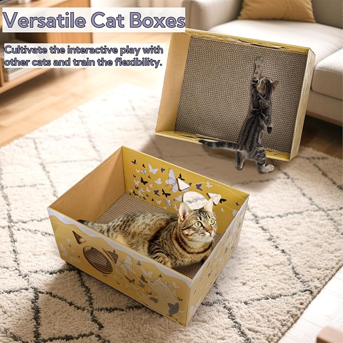 Tlence 2 Pack Cardboard Cat Scratcher Box, Butterfly Pattern Cat Hideaway House with Double-Sided Scratch Pads, 16.5 Inch Heavy Duty Large Cat Bed Lounger for Indoor Cats
